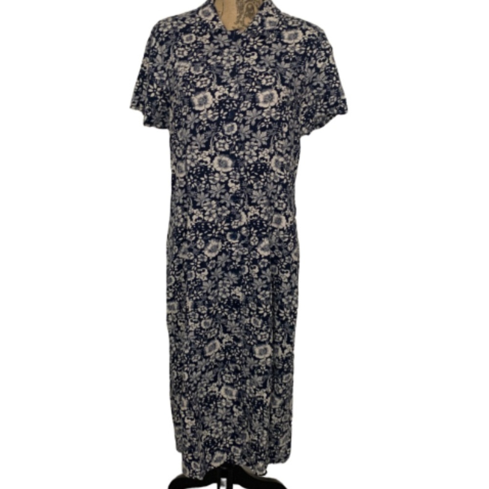 Vintage navy blue white floral linen button dress